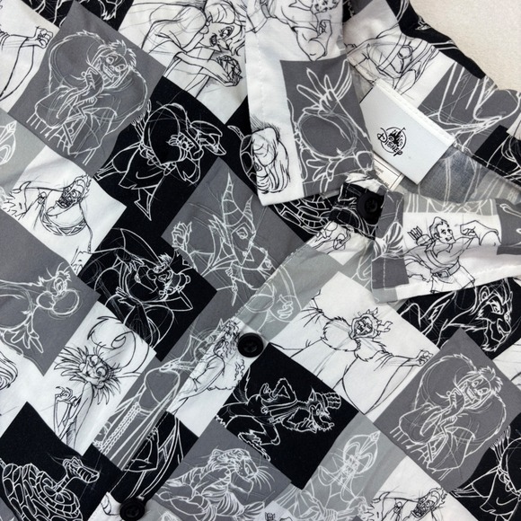 Disney Villains Mens Small Rayon Button Down Shirt Black White  Checkerboard - Picture 2 of 8